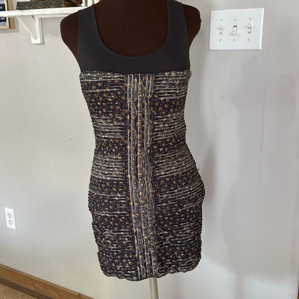 Free people gray floral mesh ruffle‎ bodycon mini dress size small boho fitted